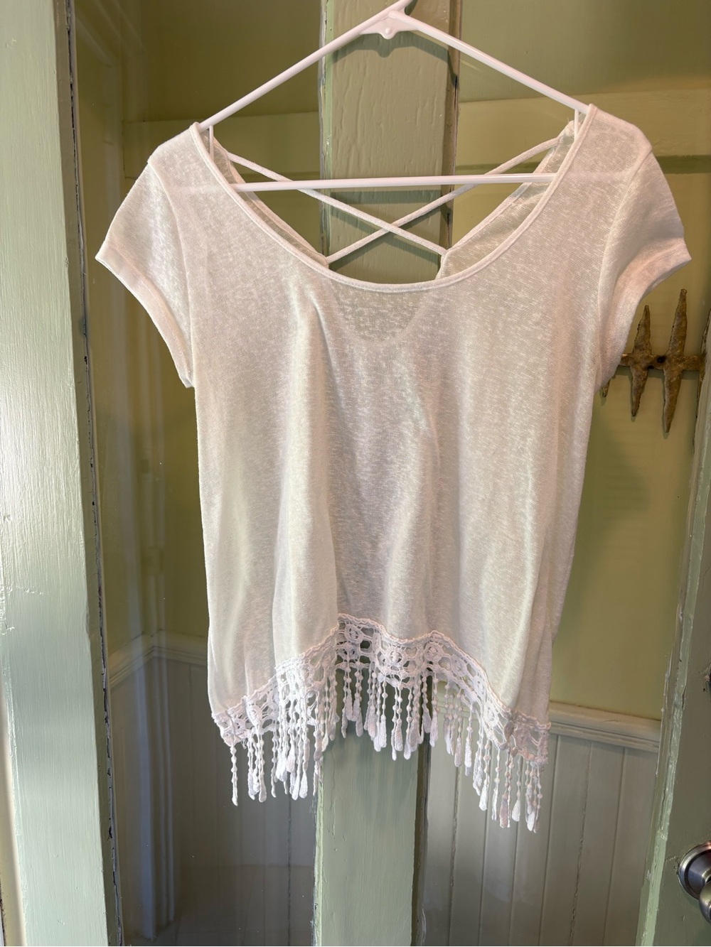 Women's Sheer White Fringe Lace-Hem Short Sleeve Top Small-Medium Fit